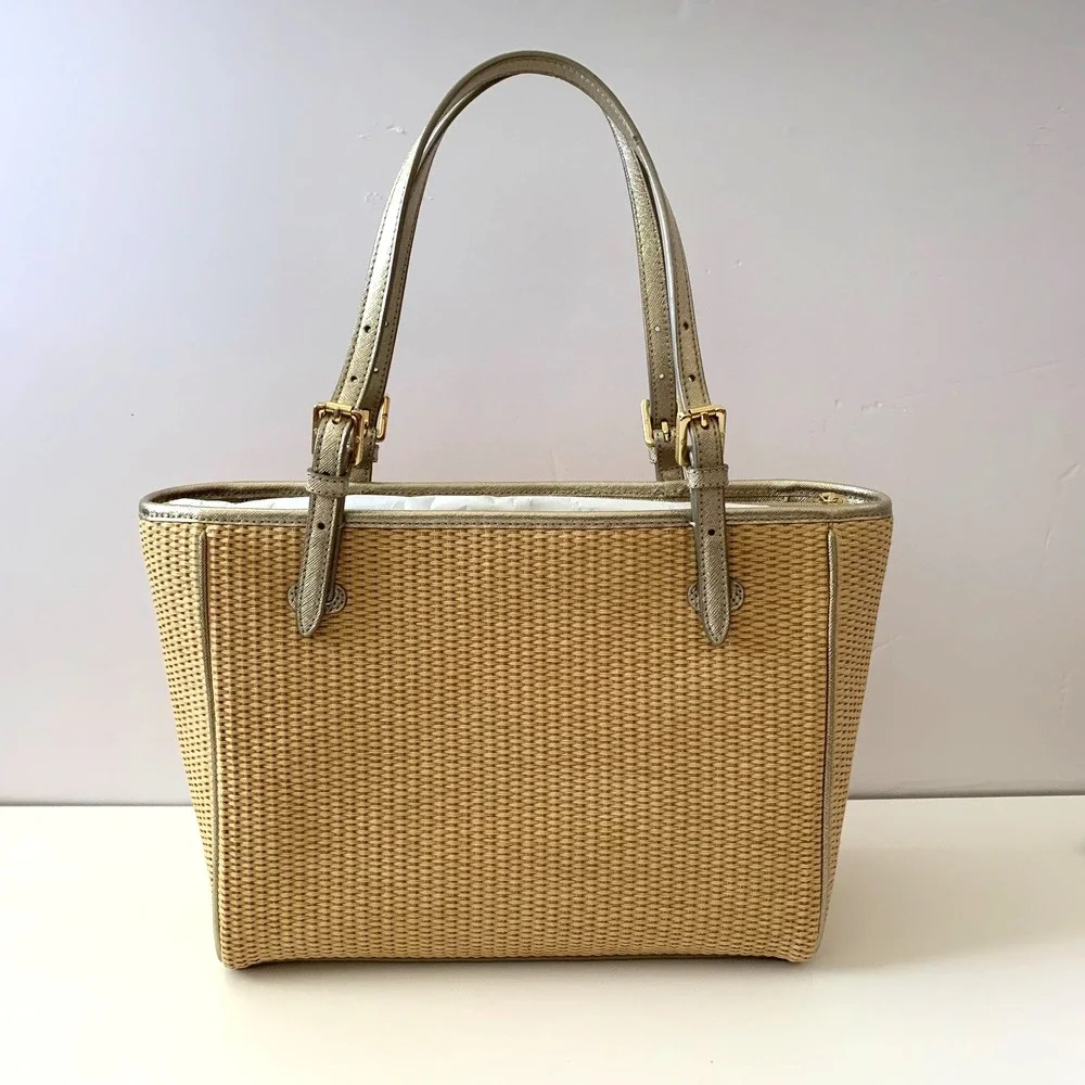 NWT Tory Burch York Straw Small Buckle Tote Bag Gold Metallic